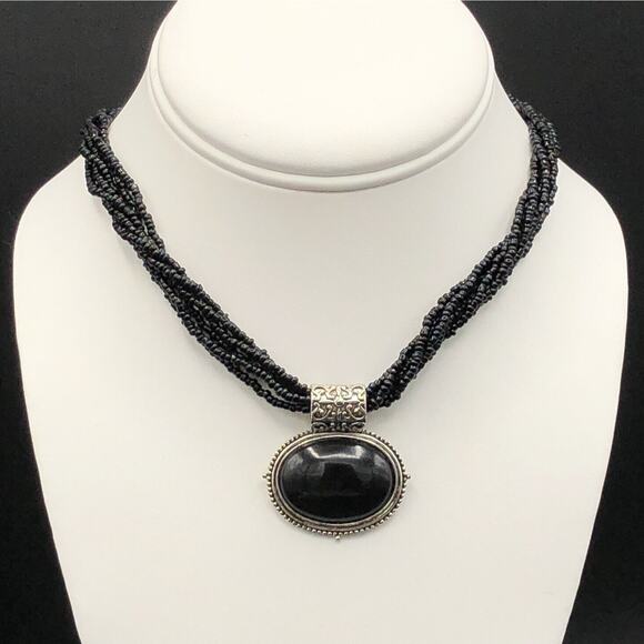 Black Oval Pendant Necklace Multi Strand Glass Seed Beads Antiqued Silver Tone - Picture 1 of 8